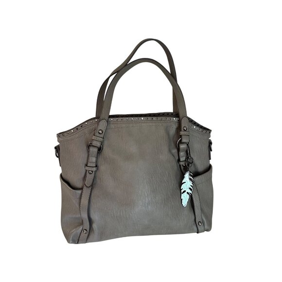 Jessica Simpson Gray Studded Faux Leather Tote Bag With Feather Charm Officecore - Picture 1 of 11